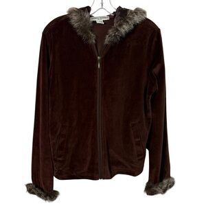 Vintage Y2K Fur Trim Brown Velvet Velour Full Zip Track Jacket Bamboo Traders M